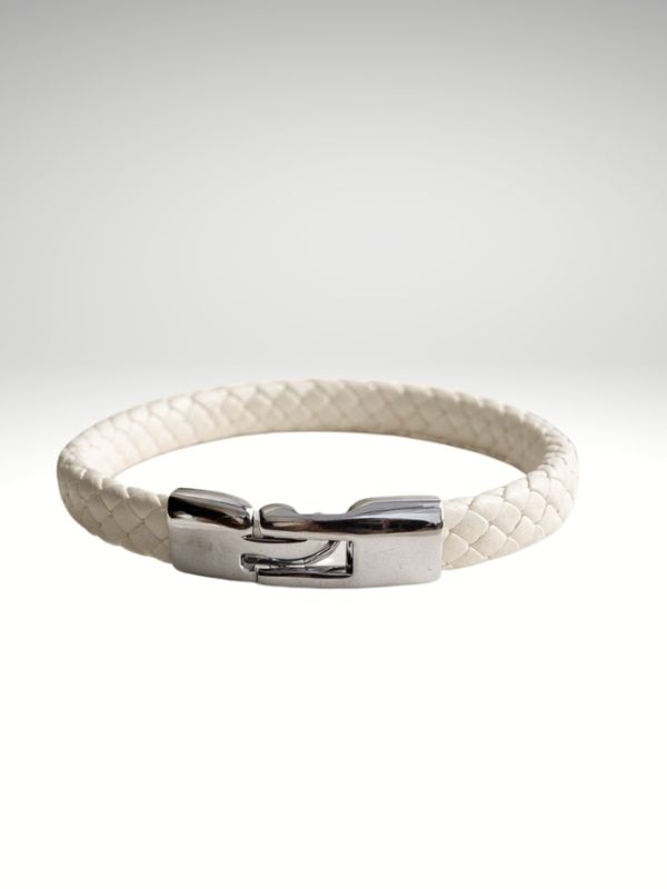 Pulsera cuero trenzado blanco cierre acero 316L