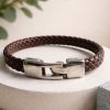Pulsera cuero trenzado marrón cierre acero 316L