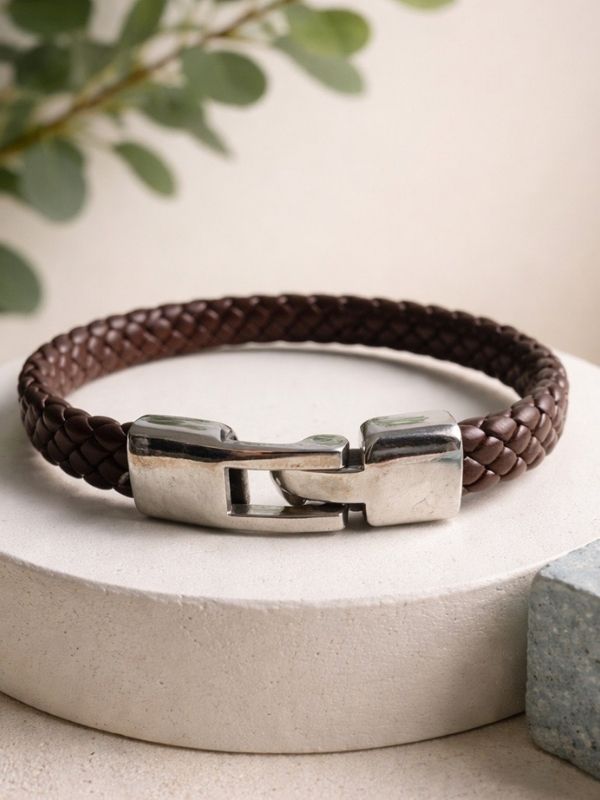 Pulsera cuero trenzado marrón cierre acero 316L
