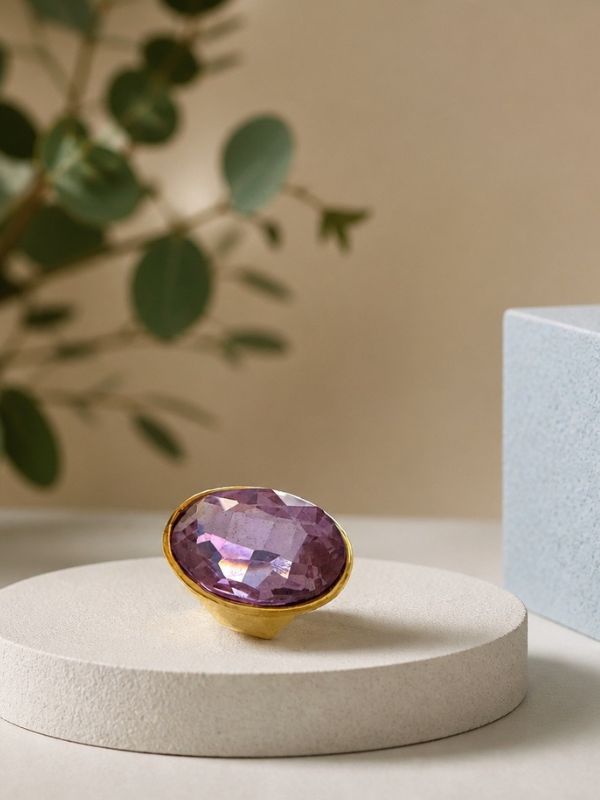 Anillo maxi dorado de cuerpo ajustable con un gran cristal lila facetado en tono amatista de 31x25mm