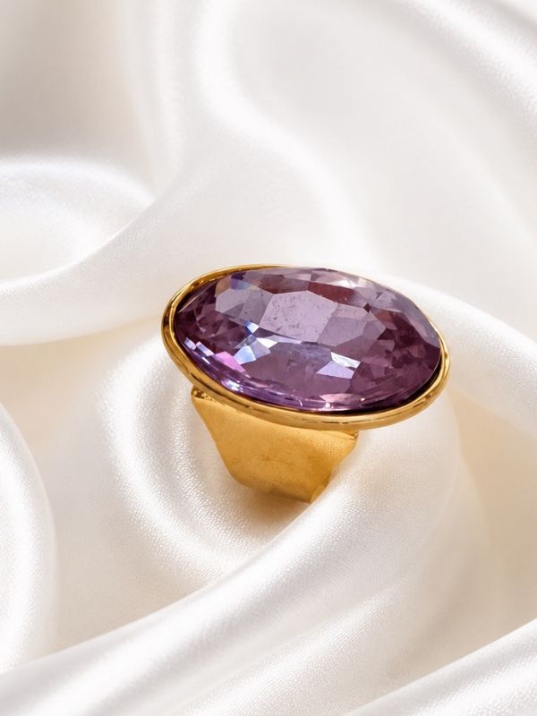 Anillo Unico Dorado Cristal Lila Facetado
