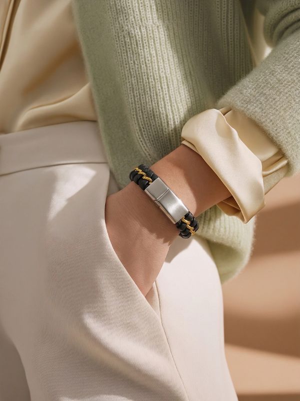 Pulsera cuero-acero 316L y dorado perfecto hover