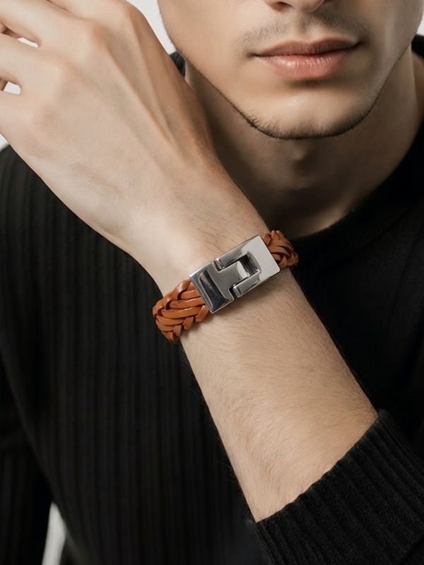 Pulsera Minimalista Cuero Acero 316L Hombre lujo hover